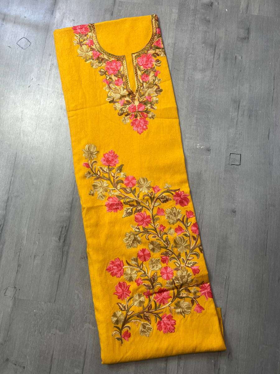 Gul Kashmiri Aari 2 Piece Unstitched Suit | Mustard